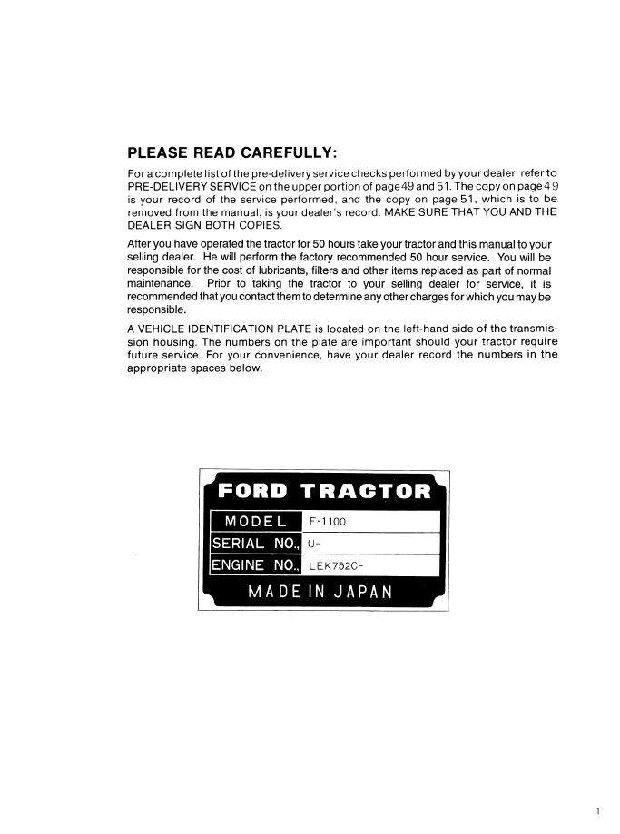 New Holland Ford 1100 Tractor Manual PDF 42110012