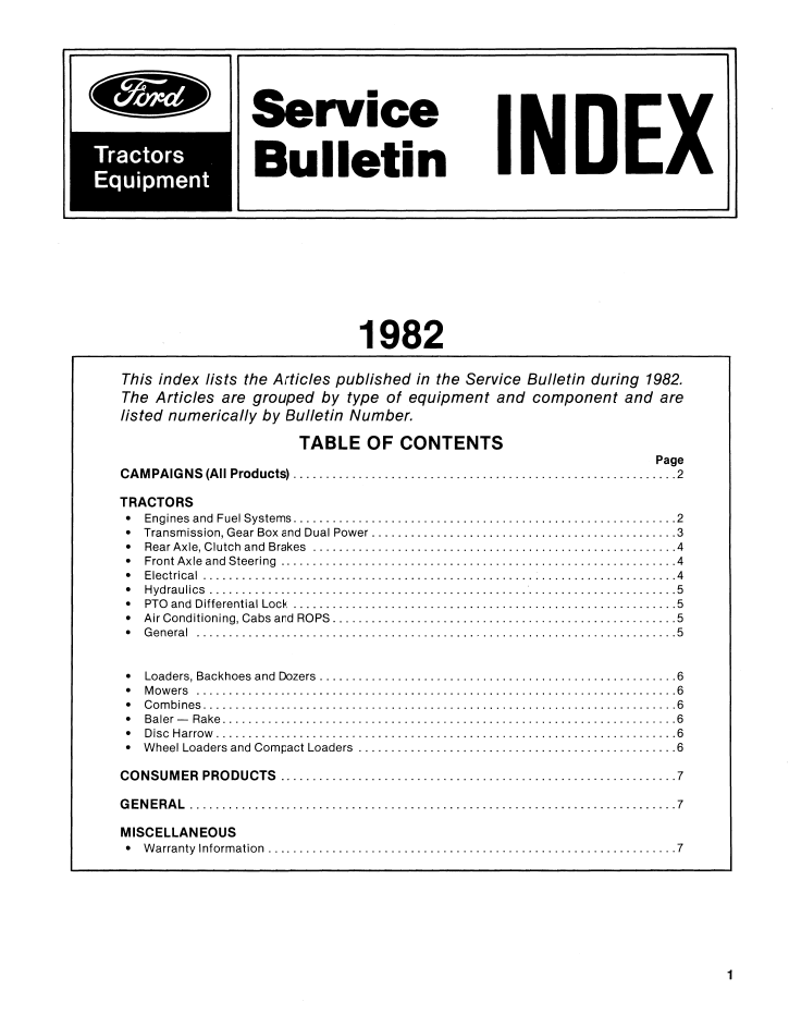 New Holland Ford 1982 Tractor Equipment Bulletin Manual 40991940 PDF