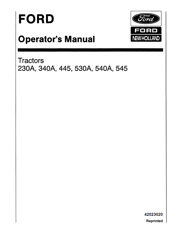 New Holland Ford 230A 340A 445 Tractor Operator Manual 42023020