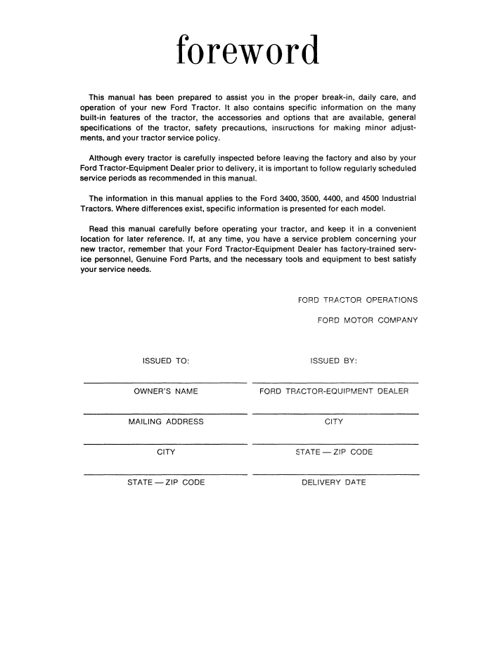 New Holland Ford 3400-4500 Tractor Operator Manual 42340040 PDF