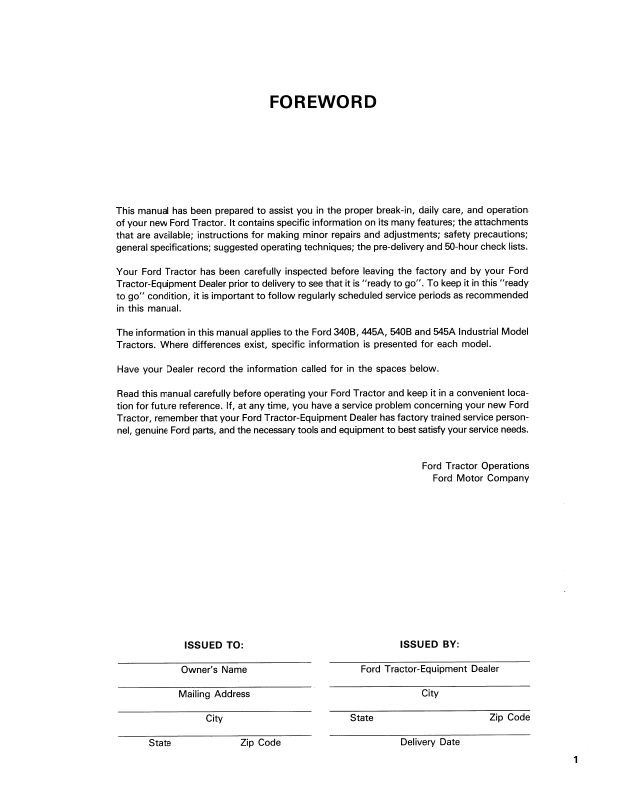 New Holland Ford 340B–545A Tractor Operator Guide Manual 42034012