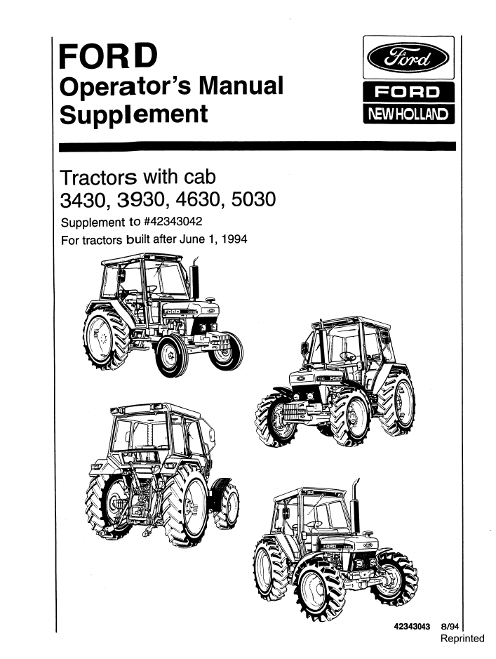 New Holland Ford 3430-5030 Cab Operator Manual Supplement 42343043