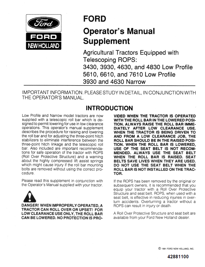 New Holland Ford 3430 3930 4630 and 4830 Low Profile 5610 6610 and 7610 Low Profile 3930 4630 Narrow Agriculture Tractor Operator Manual Supplement (42881100 PDF)