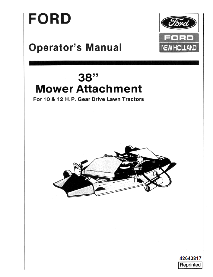 New Holland Ford 38 Inch Mower Attachment Operator's Manual (Pub. No. 42643817)