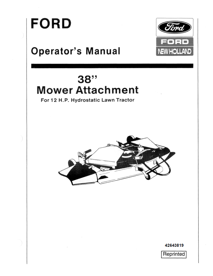 New Holland Ford 38 Inch Mower Hydrostatic Operator's Manual (Pub. No. 42643819)