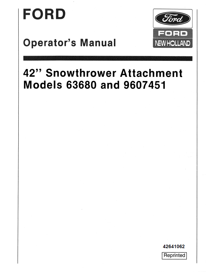 New Holland Ford 42 Snowthrower Operator Manual PDF 42641062