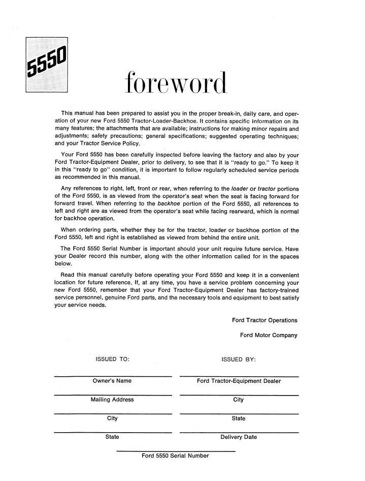 New Holland Ford 5550 TLB Operator Manual 42555010 PDF
