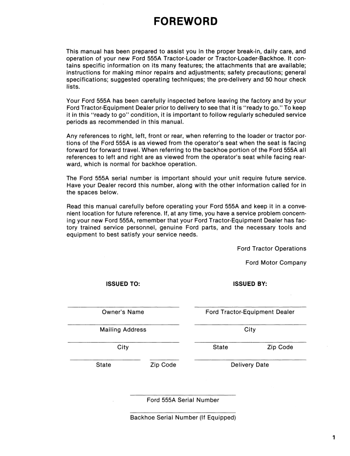 New Holland Ford 555A Backhoe Loader Operator Manual PDF