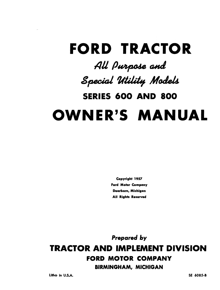 New Holland Ford 600 800 Tractor Operator Manual 42060020