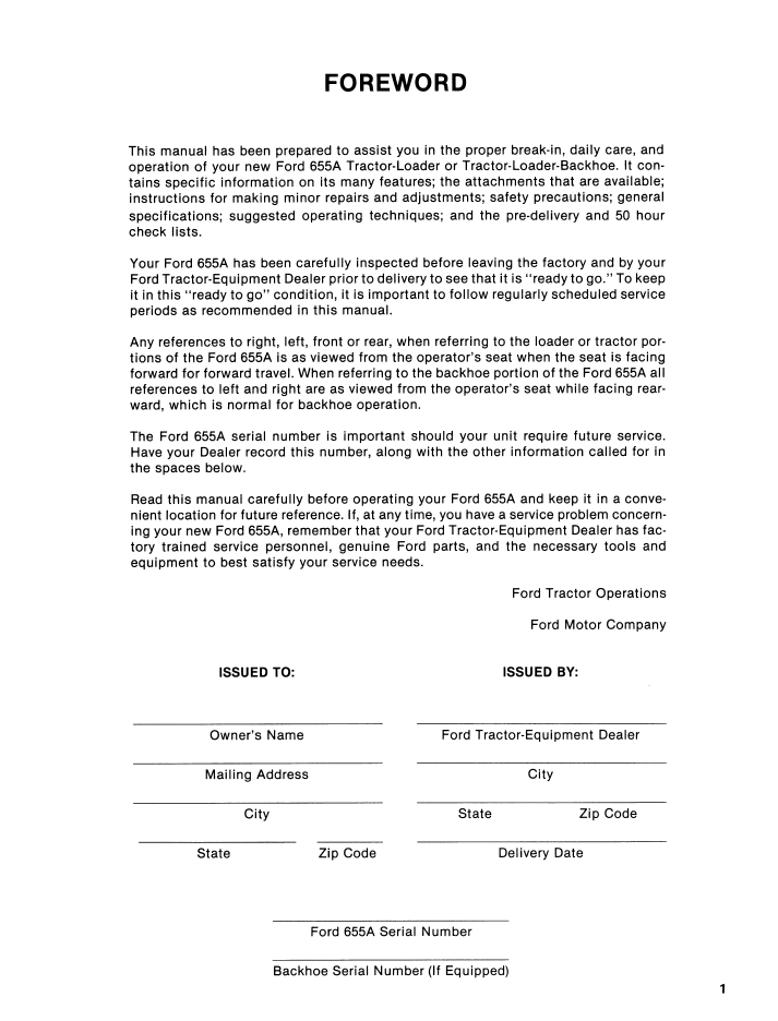 New Holland Ford 655A TLB Operator Manual PDF 42065510