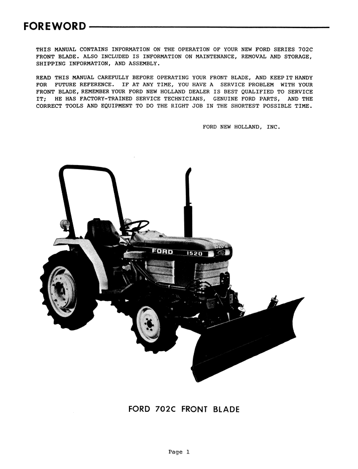 New Holland Ford 702C Front Blade Tractor Manual PDF 42070218
