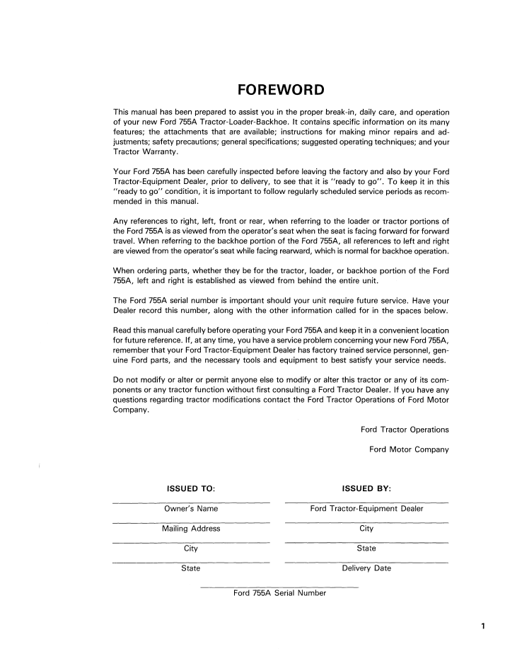 New Holland Ford 755A Tractor Backhoe User Guide 42075511