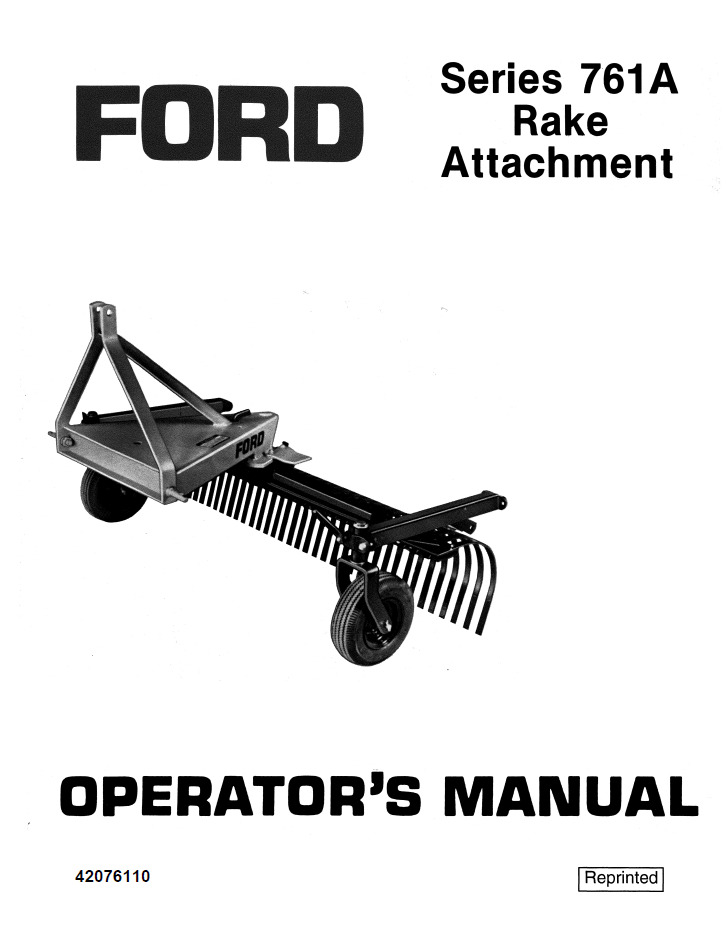 New Holland Ford 761A Rake Attachment Manual 42076110