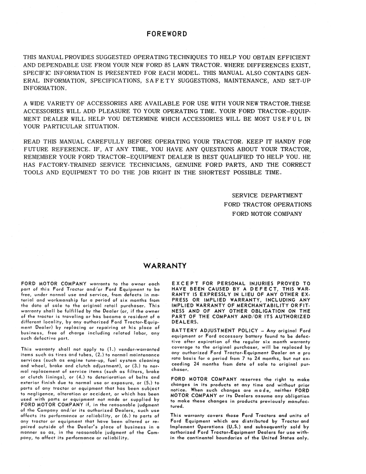 New Holland Ford 85 Tractor Operator Manual PDF