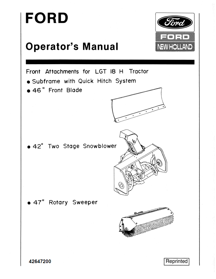 New Holland Ford Front Attachment LGT 18 HP Tractor Operator's Manual (Pub. No. 42647200)