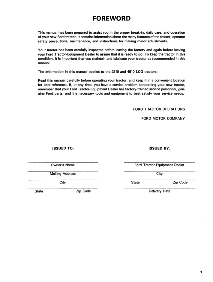 New Holland Ford LCG 2910-4610 Operator Guide 42291020