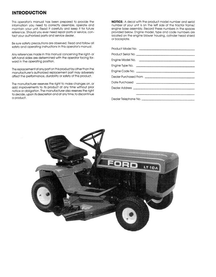 New Holland Ford LT10A Lawn Tractor Manual 42640010 PDF