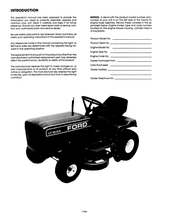New Holland Ford LT12.5A Lawn Tractor Manual 42640012 PDF