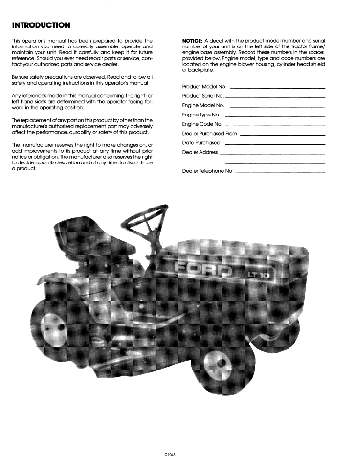 New Holland Ford LT 10 and LT 12 Lawn Tractor Manual 42001221 PDF