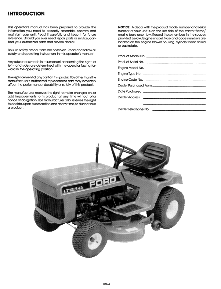New Holland Ford LT 12.5HA Lawn Tractor Manual 42001215 PDF