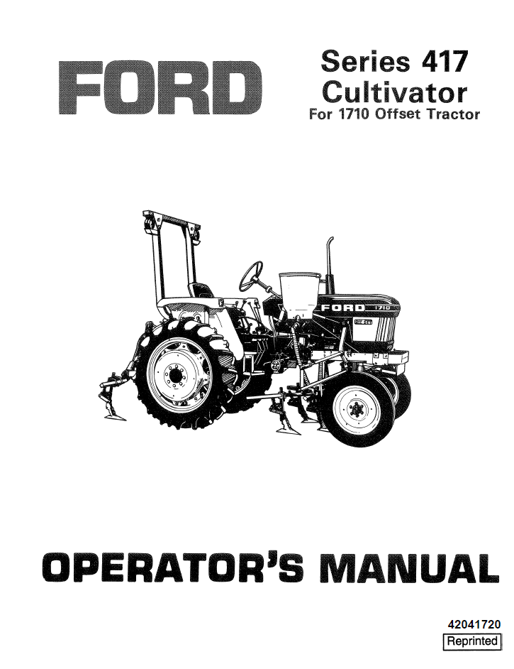 New Holland Ford Series 417 Cultivator for 1710 Tractor Manual 42041720