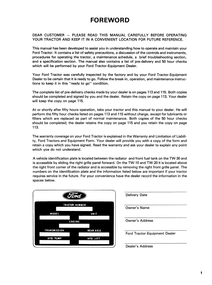 New Holland Ford TW-10 TW-20 TW-30 Operator Manual 42001031 PDF