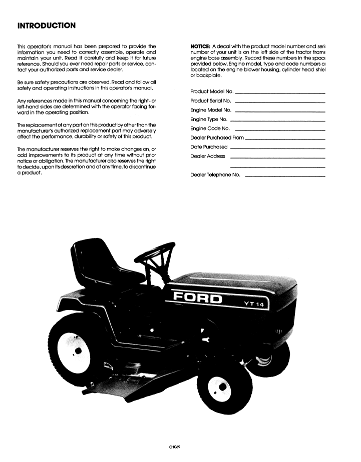 New Holland Ford YT 14 YT 16 Yard Tractor Manual 42641620