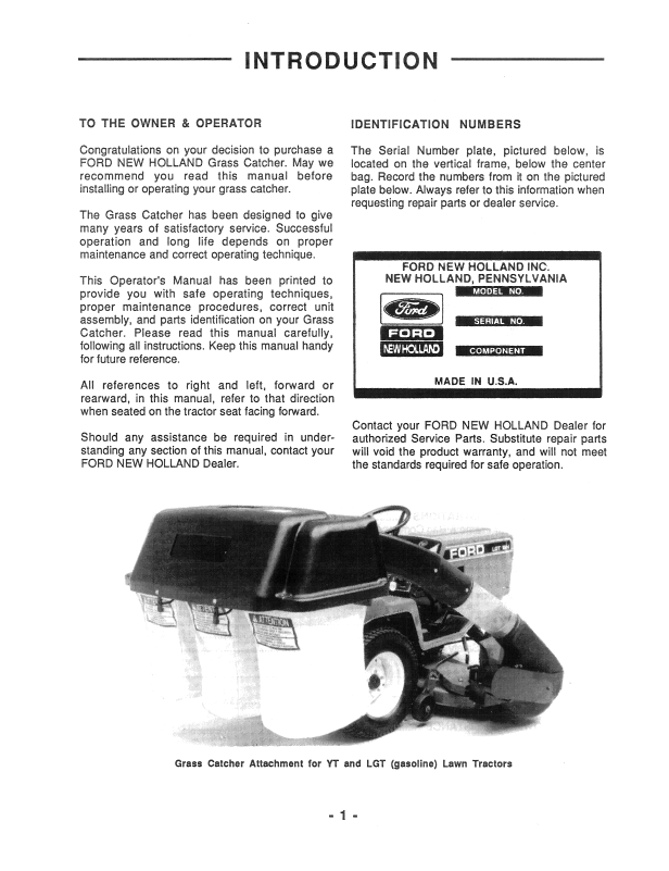New Holland Ford YT LGT Grass Collector Operator Manual 41641400 PDF