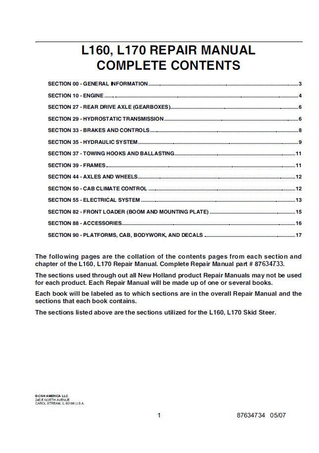 New Holland L160 L170 Skid Steer Loader Repair Manual | 87634734 PDF