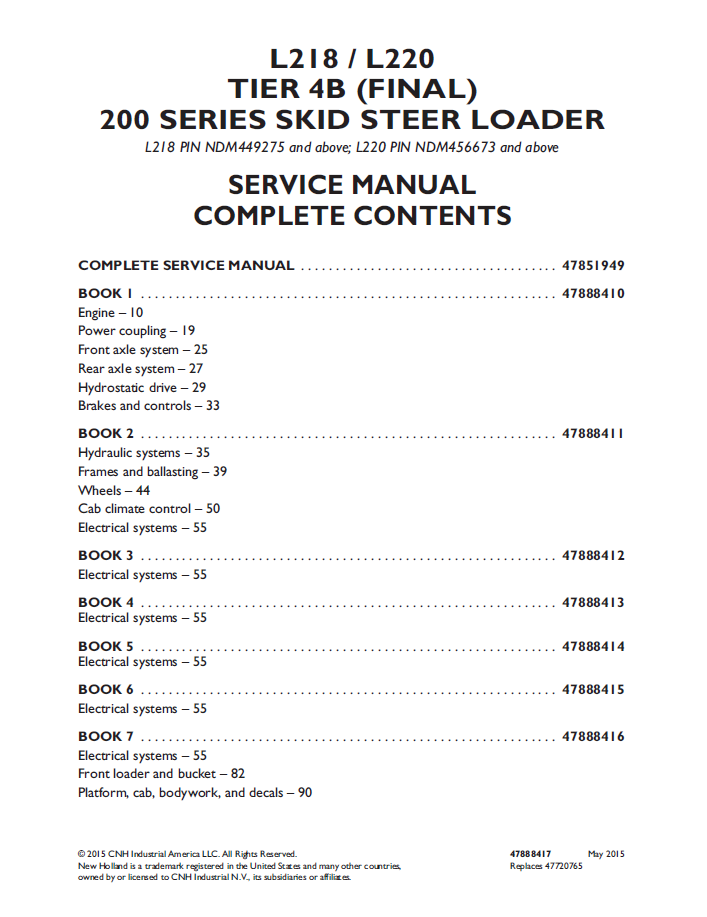 New Holland L218 L220 Tier 4B Skid Steer Service Manual (Pub #47888417)