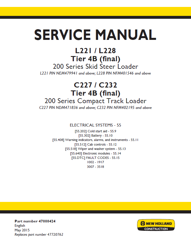 New Holland L221 L228 C227 C232 Tier 4B Service Manual (Pub #47888424)