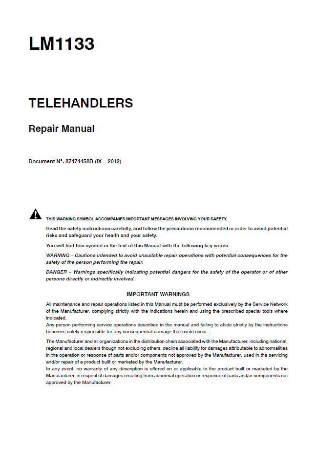 New Holland LM1133 Telehandler Repair Manual | Part No. 87474458B
