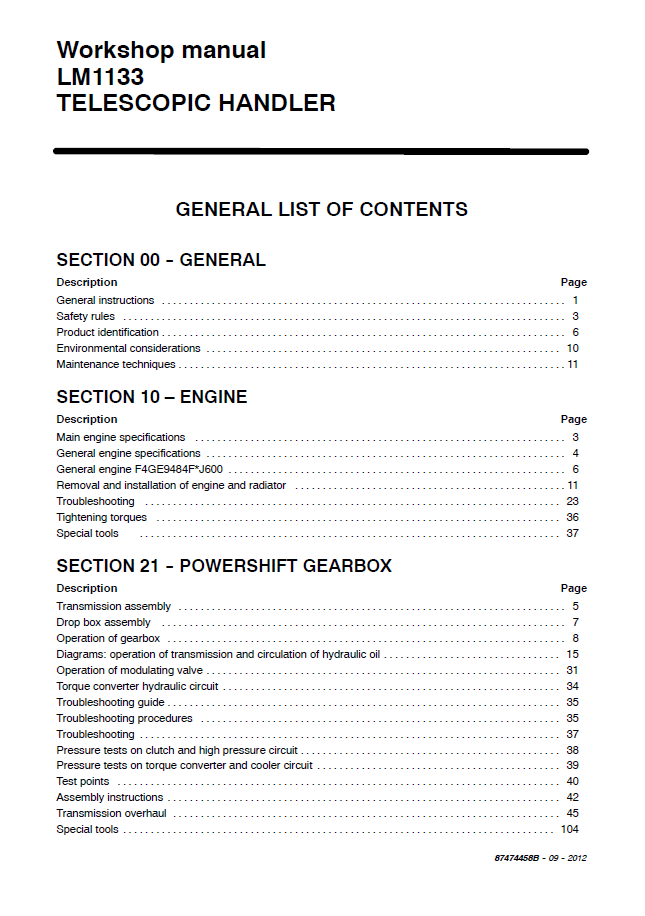 New Holland LM1133 Telehandler Service & Repair Manual [87474458B]