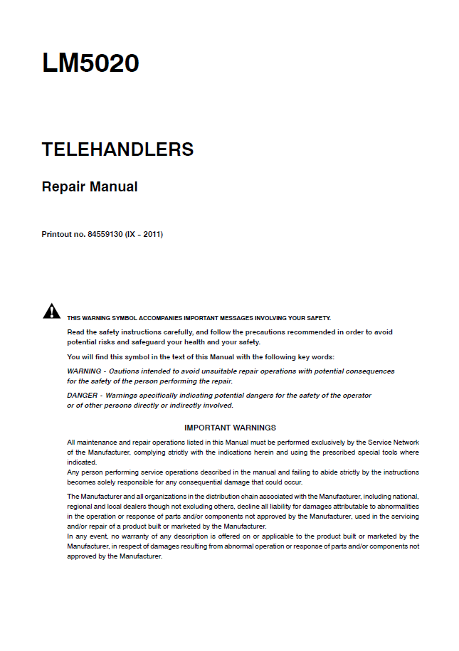 New Holland LM5020 Telehandler Repair Manual | 84559130EUR PDF