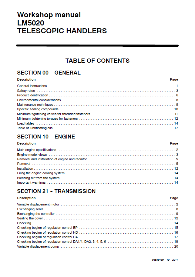 New Holland LM5020 Telehandler Service & Repair Manual 84559130EUR