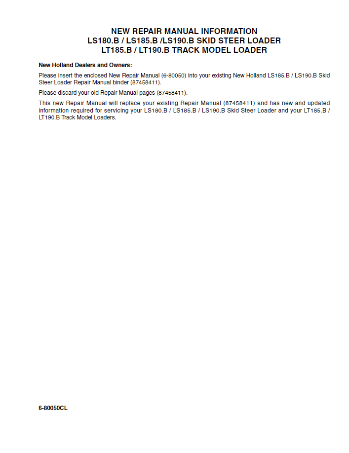 New Holland LS180.B, LS185.B, LS190.B & LT Series Repair Manual 6-80050NA - PDF