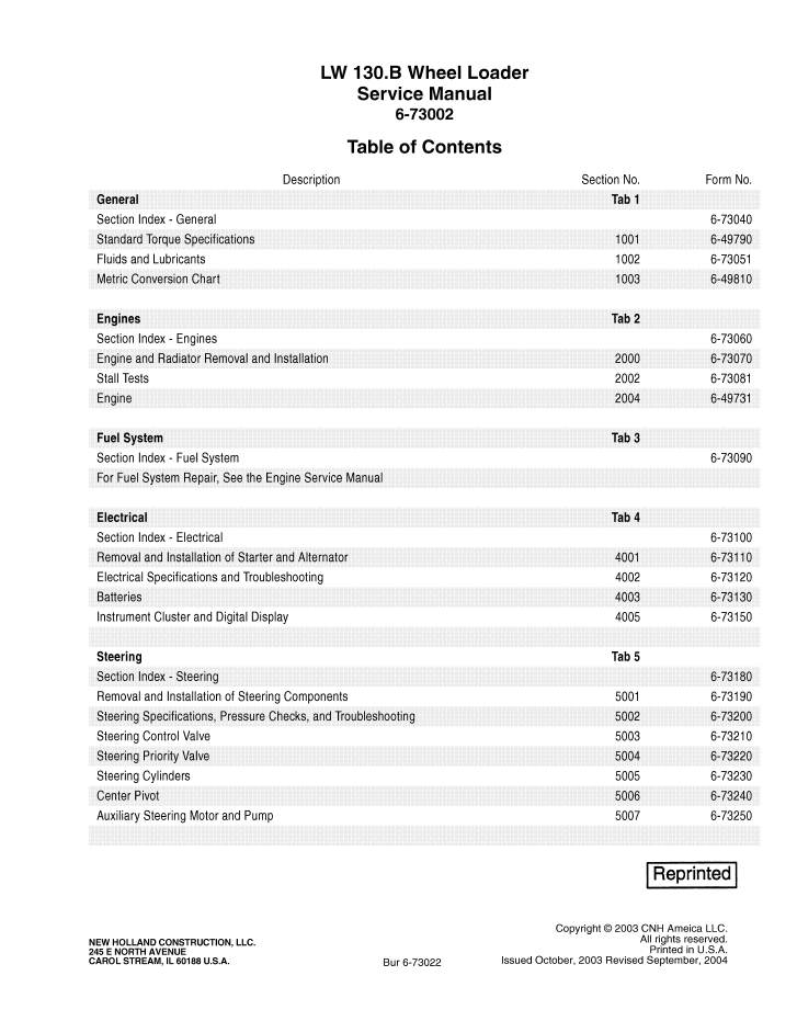 New Holland LW 130.B Wheel Loader Service Manual 6-73002NAR0
