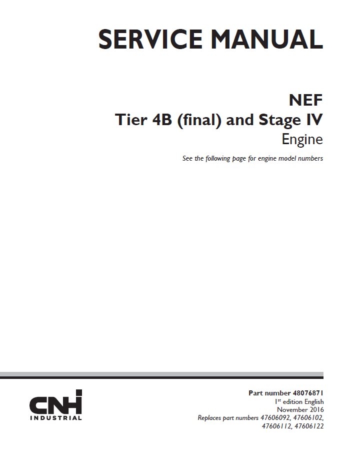 New Holland NEF Tier 4B Stage IV Engine Service Manual | Part No. 48076871