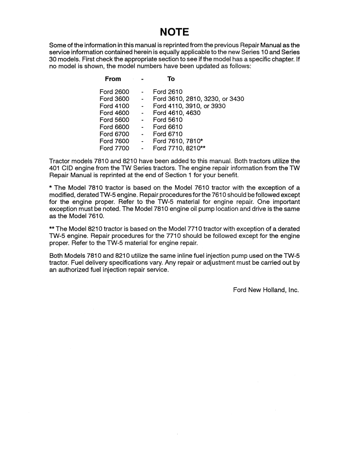 New Holland Series 10 Series 30 Tractor Repair Manual 40001020