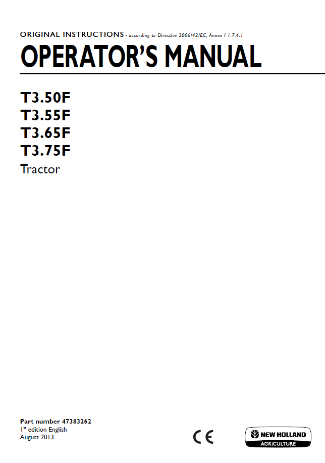 New Holland T3.50F, T3.55F, T3.65F, T3.75F Tractor Operator Manual (47383262 PDF)
