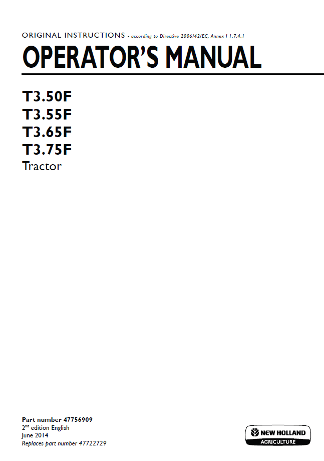 New Holland T3F Series Tractor Operator Manual | 47756909