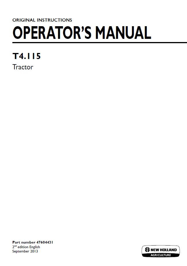 New Holland T4.115 Tractor Operator Manual (Pub. No. 47604431)