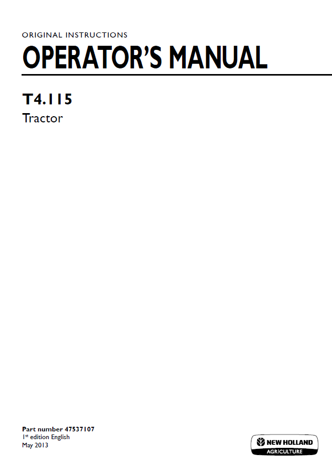 New Holland T4.115 Tractor Operator's Manual (47537107 PDF)