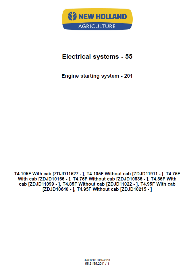 New Holland T4.75F T4.85F T4.95F T4.105F Service Manual 48017754