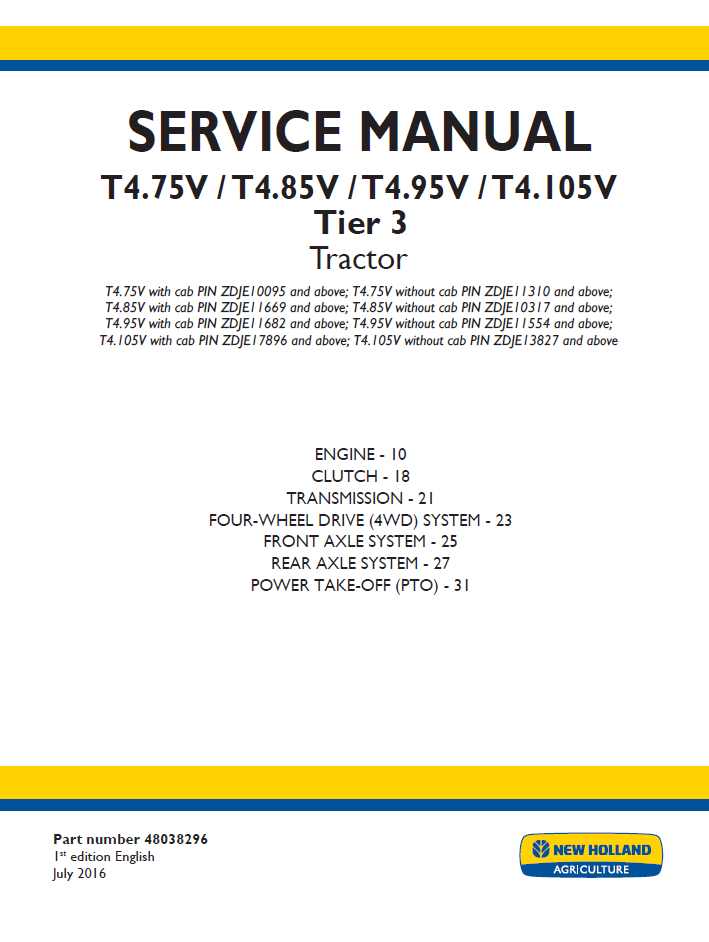 New Holland T4.75V T4.85V T4.95V T4.105V Manual 48038296