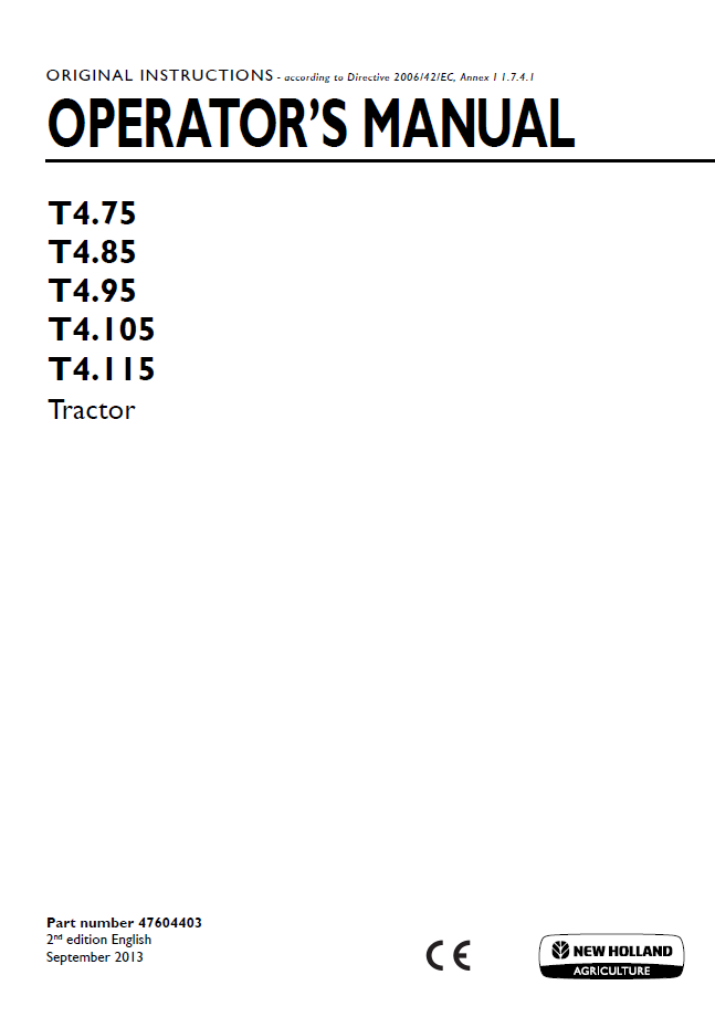 New Holland T4.75 to T4.115 Tractor Operator Manual (Pub. No. 47604403)