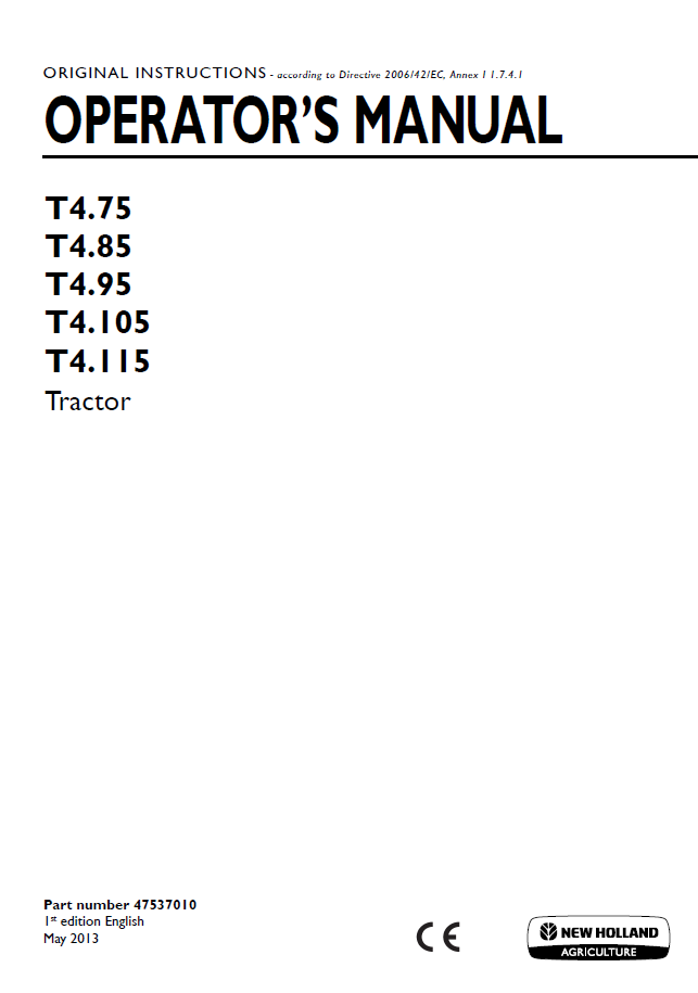New Holland T4.75 to T4.115 Tractor Operator's Manual (47537010 PDF)
