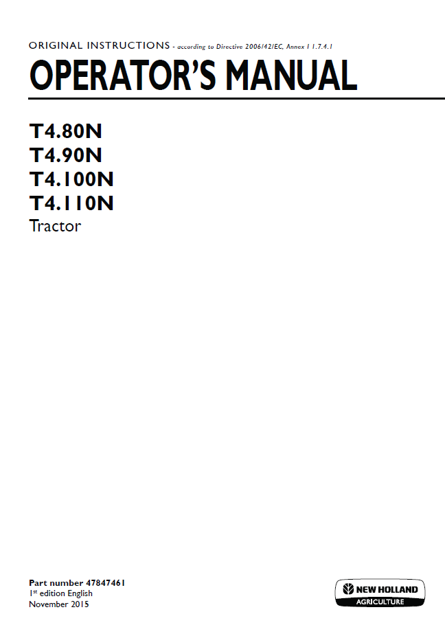 New Holland T4.80N T4.90N T4.100N T4.110N Operator Manual 47847461