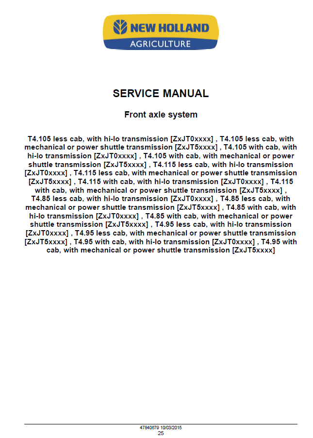 New Holland T4.85 T4.95 T4.105 T4.115 Hi-Lo Service Manual 47865295