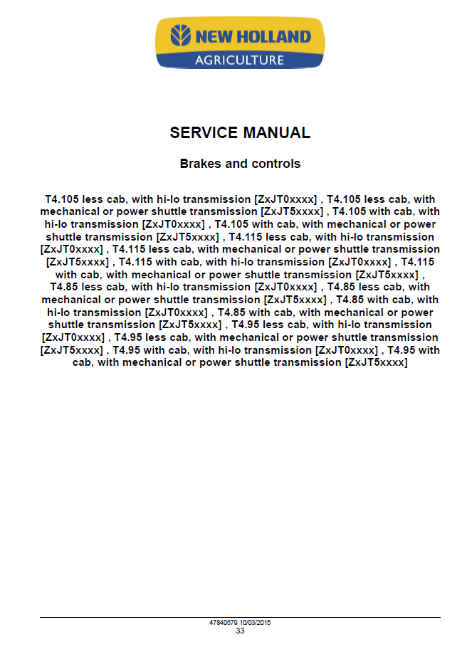 New Holland T4.85 T4.95 T4.105 T4.115 Hi-Lo Service Manual 47865296